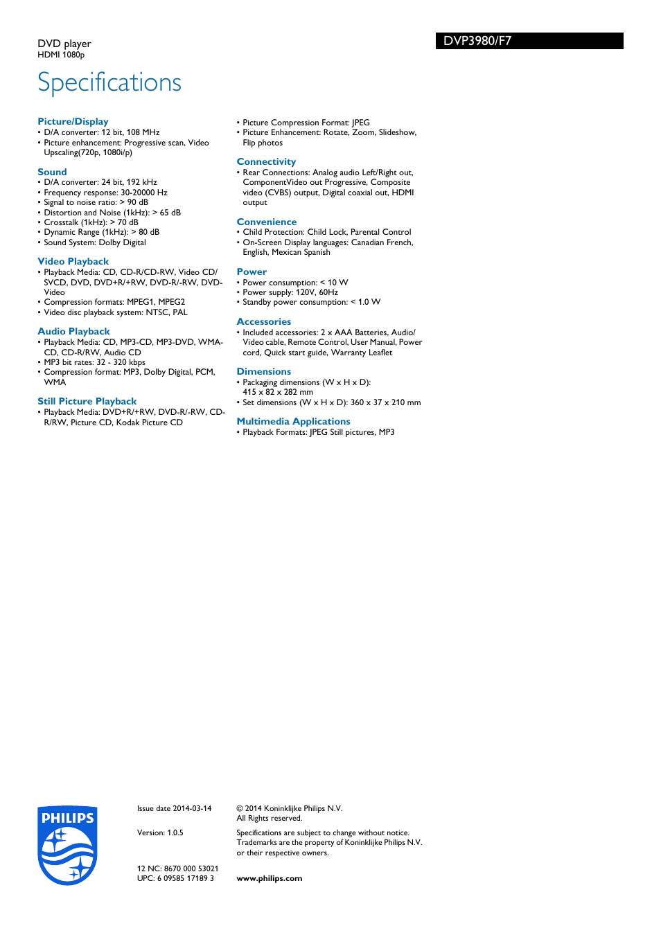 Specifications | Philips DVP3980-F7B User Manual | Page 3 / 3