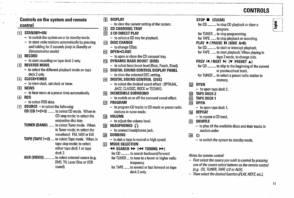 Controls on the system and remote control, M standby-on, M record | 3] reverse mode, Go clock-timer, Hi display, H cd carouseltray, H disc change, H open-close, H dynamic bass boost (dbb) | Philips FW570C37 User Manual | Page 11 / 27