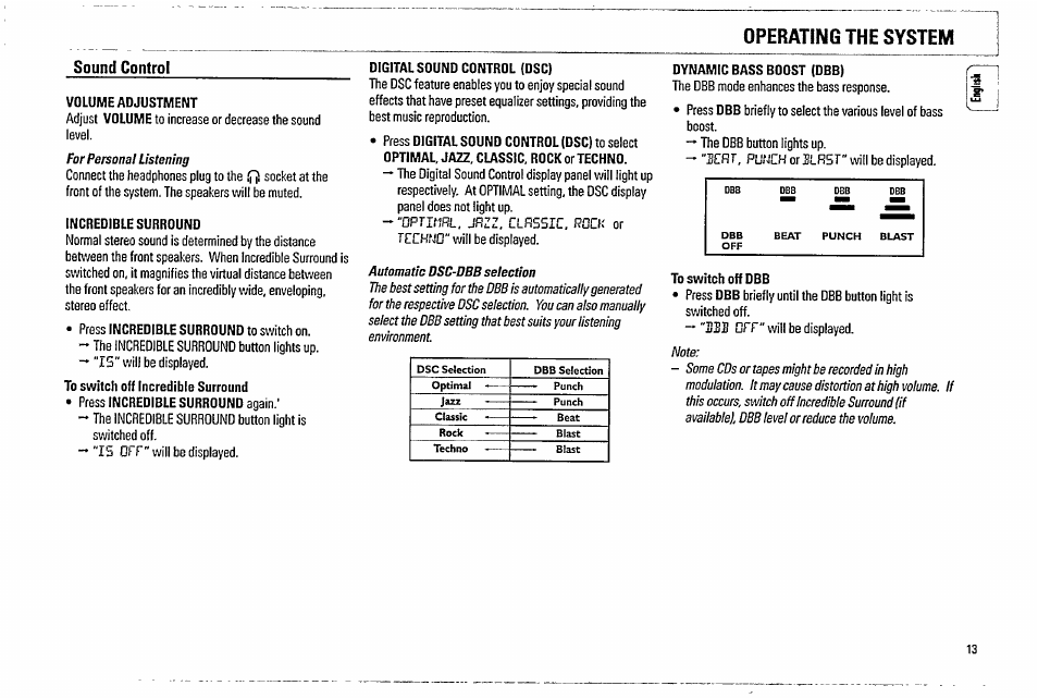 Sound control, Volume adjustment, Incredible surround | To switch off incredible surround, Digital sound control (dsc), Dynamic bass boost (dbb), To switch off dbb, Operating the system | Philips FW570C37 User Manual | Page 13 / 27