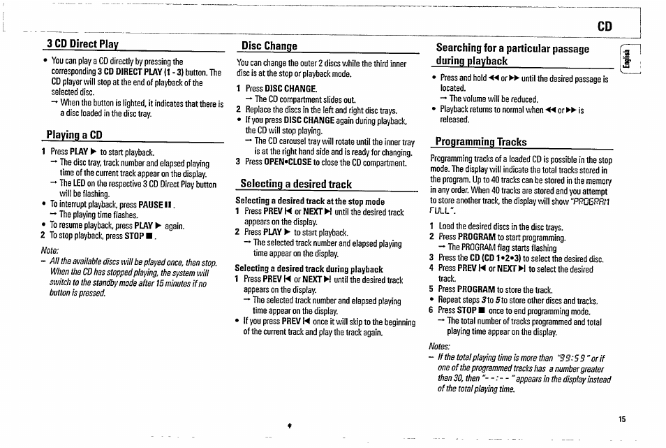 3 cd direct play, Disc chanfle, Playing a cd | Selecting a desired track, Searching for a particular passage during playback, Programming tracks | Philips FW570C37 User Manual | Page 15 / 27