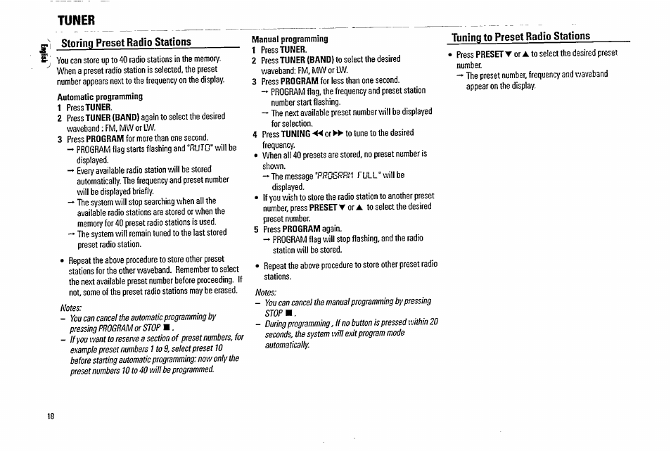 Storing preset radio stations, Automatic programming, 1 press tuner | Manual programming, Tuner | Philips FW570C37 User Manual | Page 18 / 27