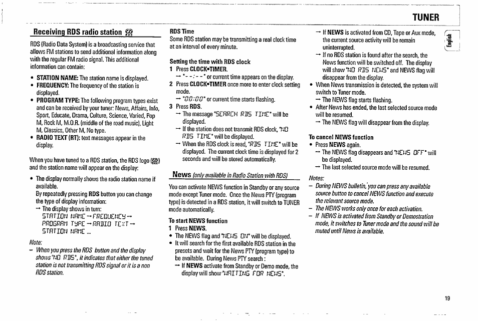 Receiving rds radio station fp, Rds time, Setting the time with rds clock | 1 press clock'timer, To cancel news function, Tuner | Philips FW570C37 User Manual | Page 19 / 27