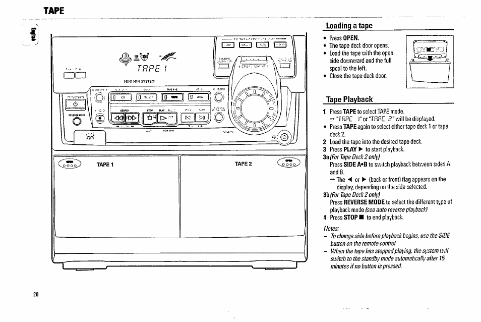 Loading a tape, Tape playback, Tape | Philips FW570C37 User Manual | Page 20 / 27