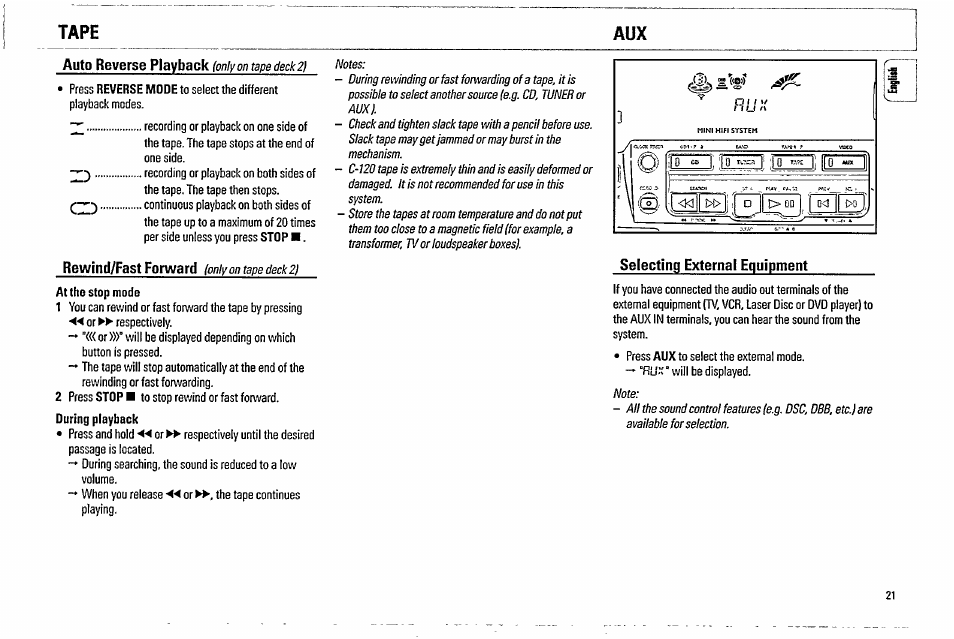 Auto reverse playback (only on tape deck21, Selecting external equipment, Tape aux | Philips FW570C37 User Manual | Page 21 / 27