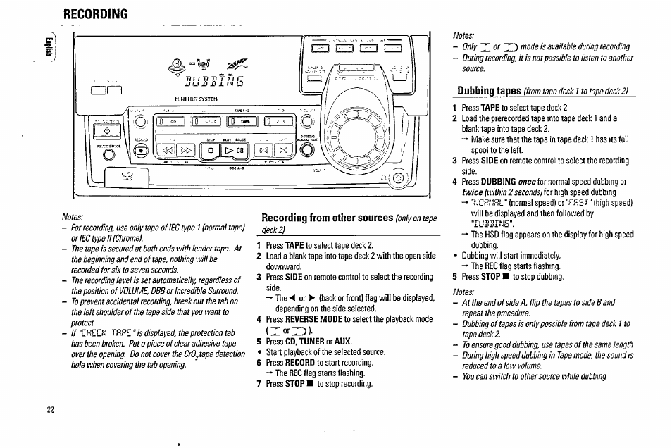 Recording from other sources (only on tape decks), Z or zd ), Recording | Philips FW570C37 User Manual | Page 22 / 27