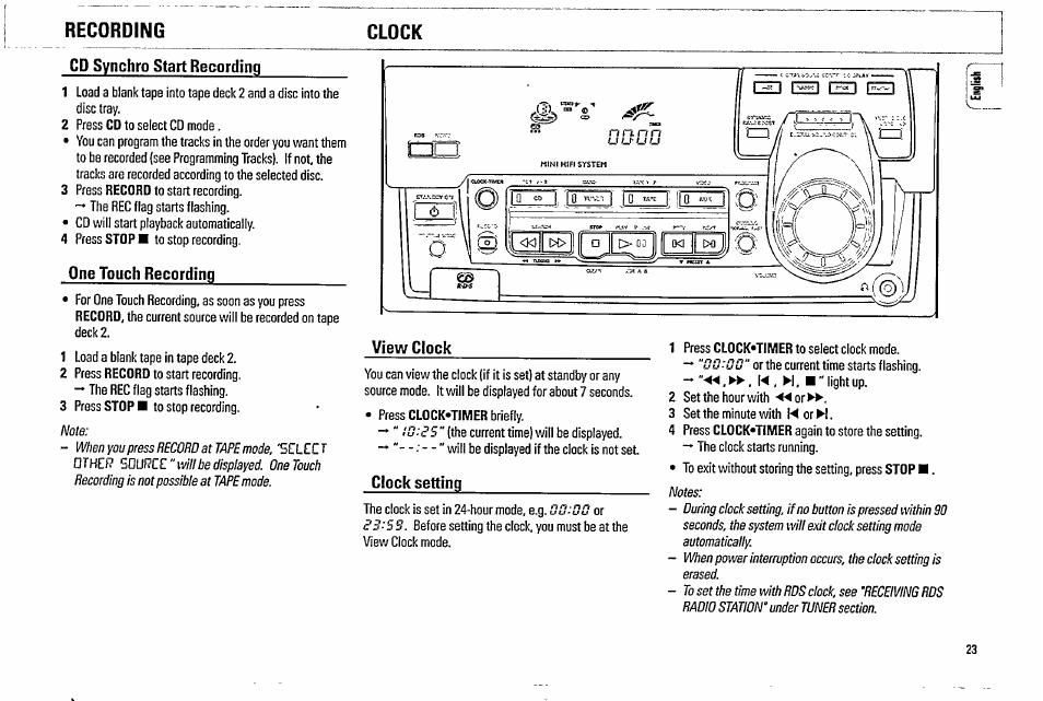 Cd synchro start recording, One touch recordinn, View clock | Clock setting, Recording clock | Philips FW570C37 User Manual | Page 23 / 27