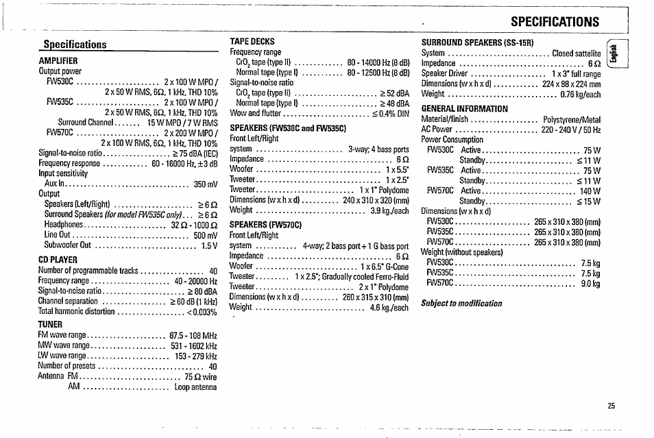 Specifications | Philips FW570C37 User Manual | Page 25 / 27