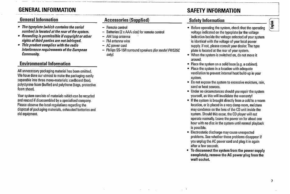 General information, Environmental information, Accessories (supplied) | General information safety information | Philips FW570C37 User Manual | Page 7 / 27