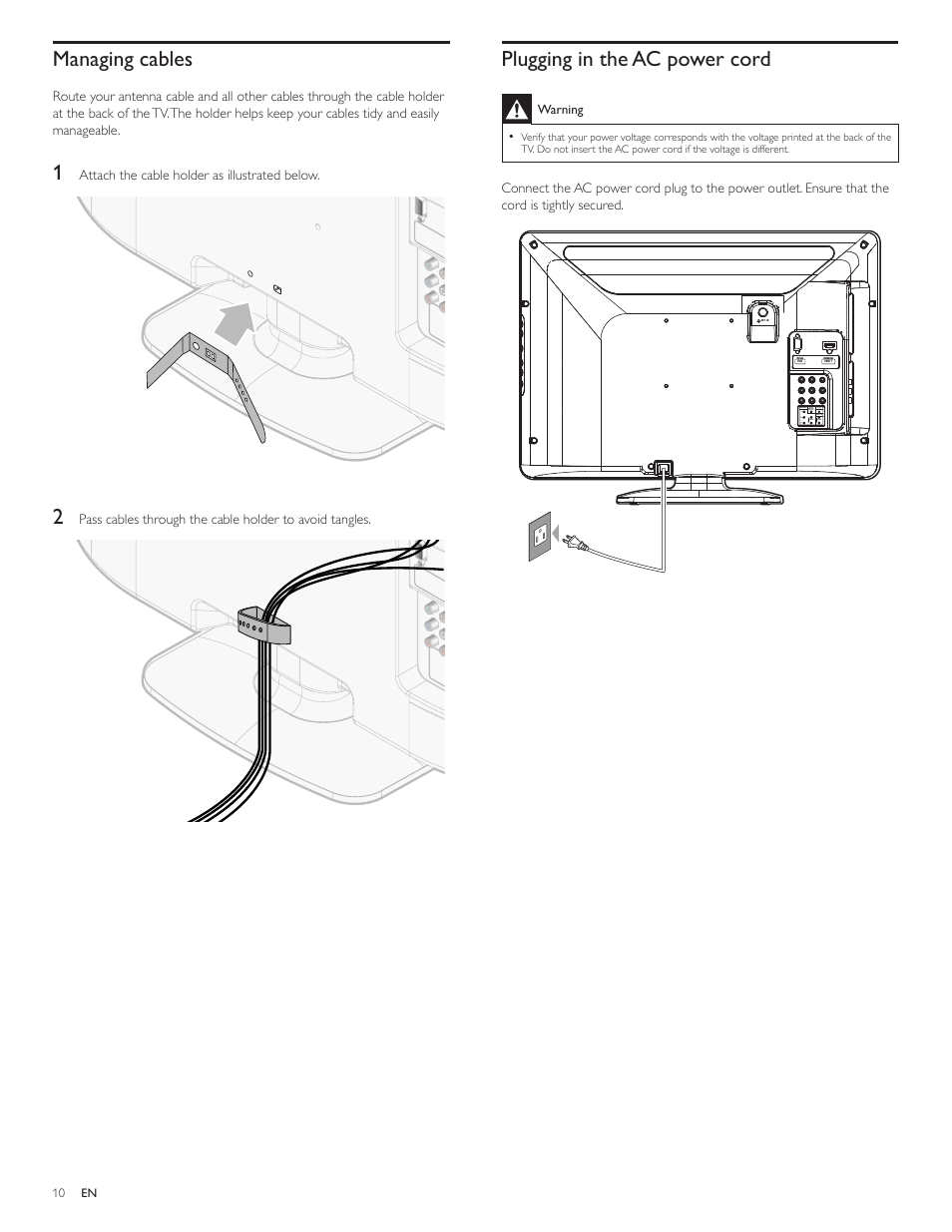 Managing cables, Plugging in the ac power cord | Philips 22PFL3505D-F7 User Manual | Page 11 / 36