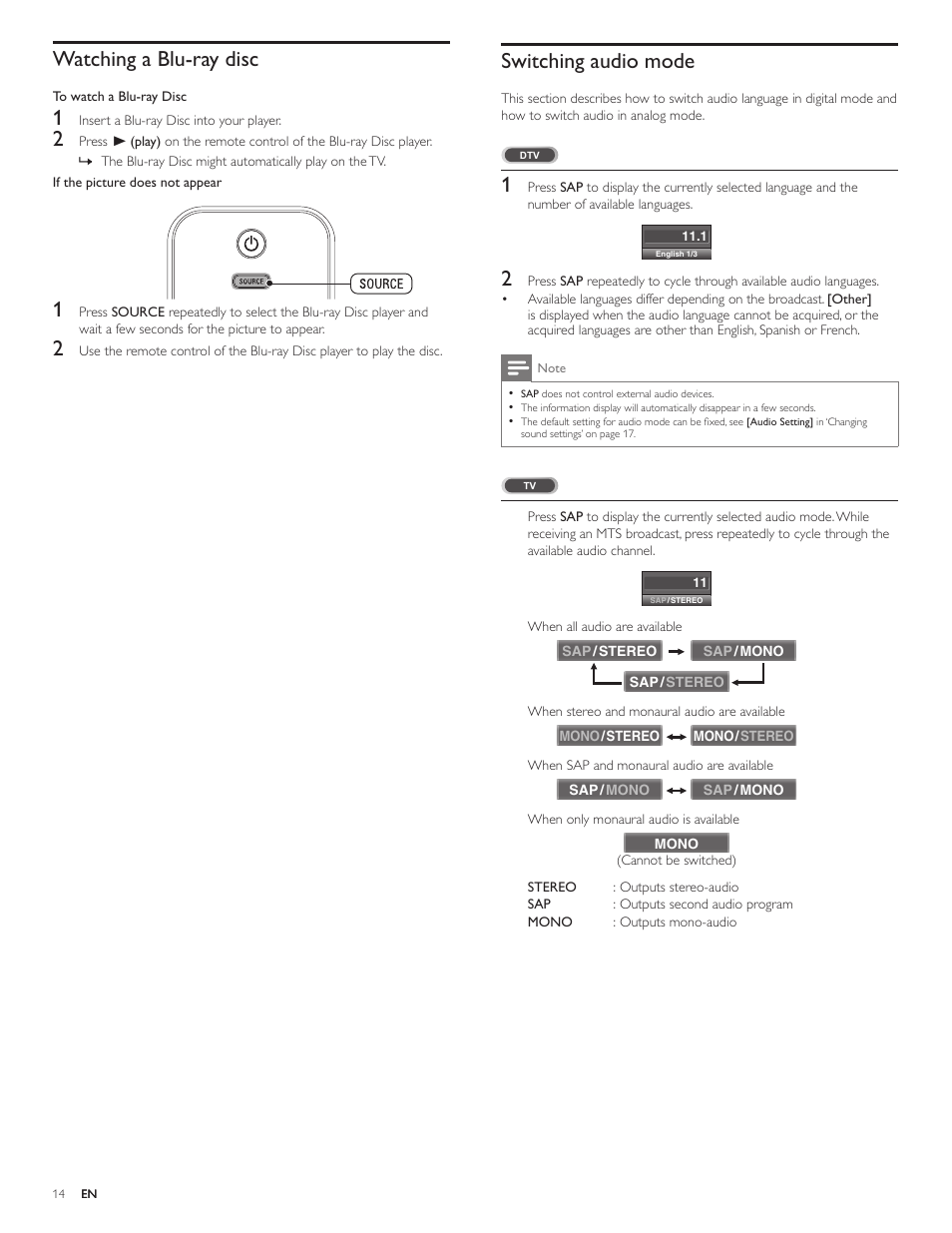 Watching a blu-ray disc, Switching audio mode | Philips 22PFL3505D-F7 User Manual | Page 15 / 36