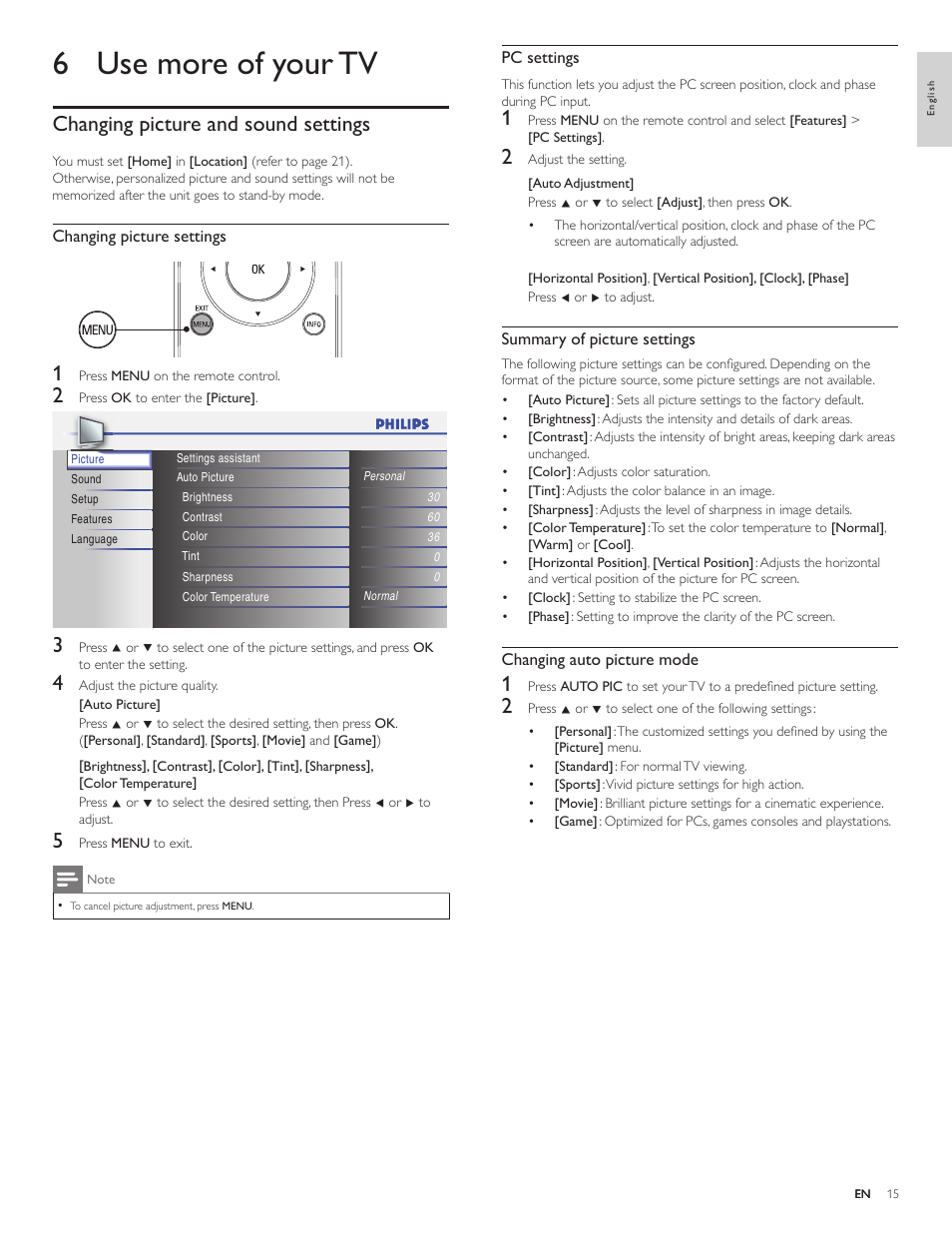 6 use more of your tv, Changing picture and sound settings | Philips 22PFL3505D-F7 User Manual | Page 16 / 36