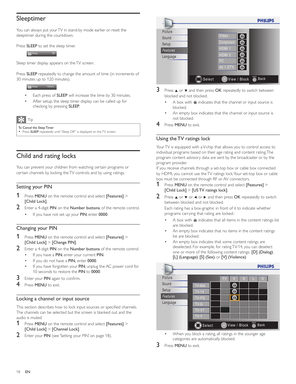 Sleeptimer, Child and rating locks | Philips 22PFL3505D-F7 User Manual | Page 19 / 36