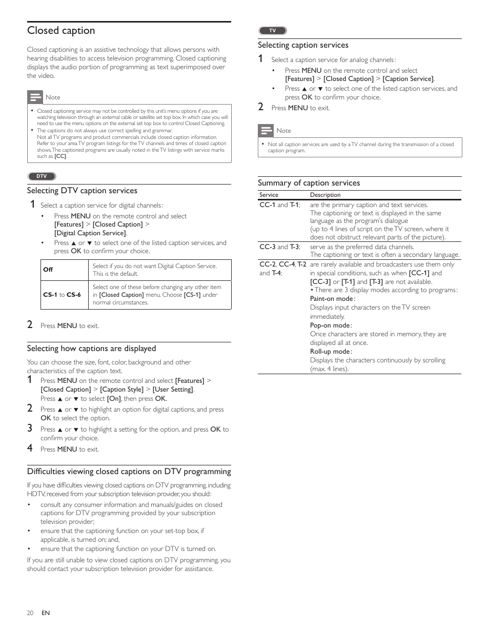 Closed caption | Philips 22PFL3505D-F7 User Manual | Page 21 / 36