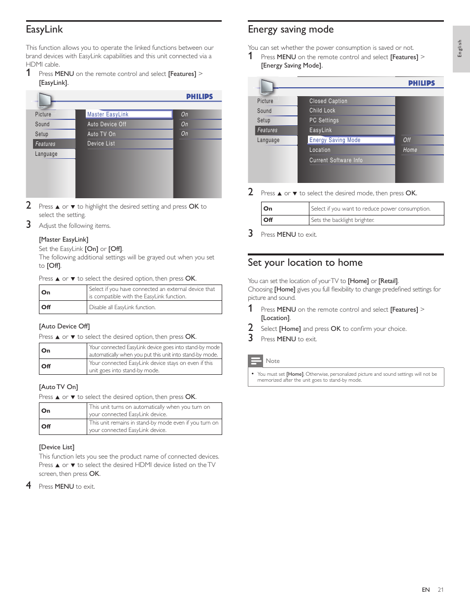 Easylink, Energy saving mode, Set your location to home | Philips 22PFL3505D-F7 User Manual | Page 22 / 36