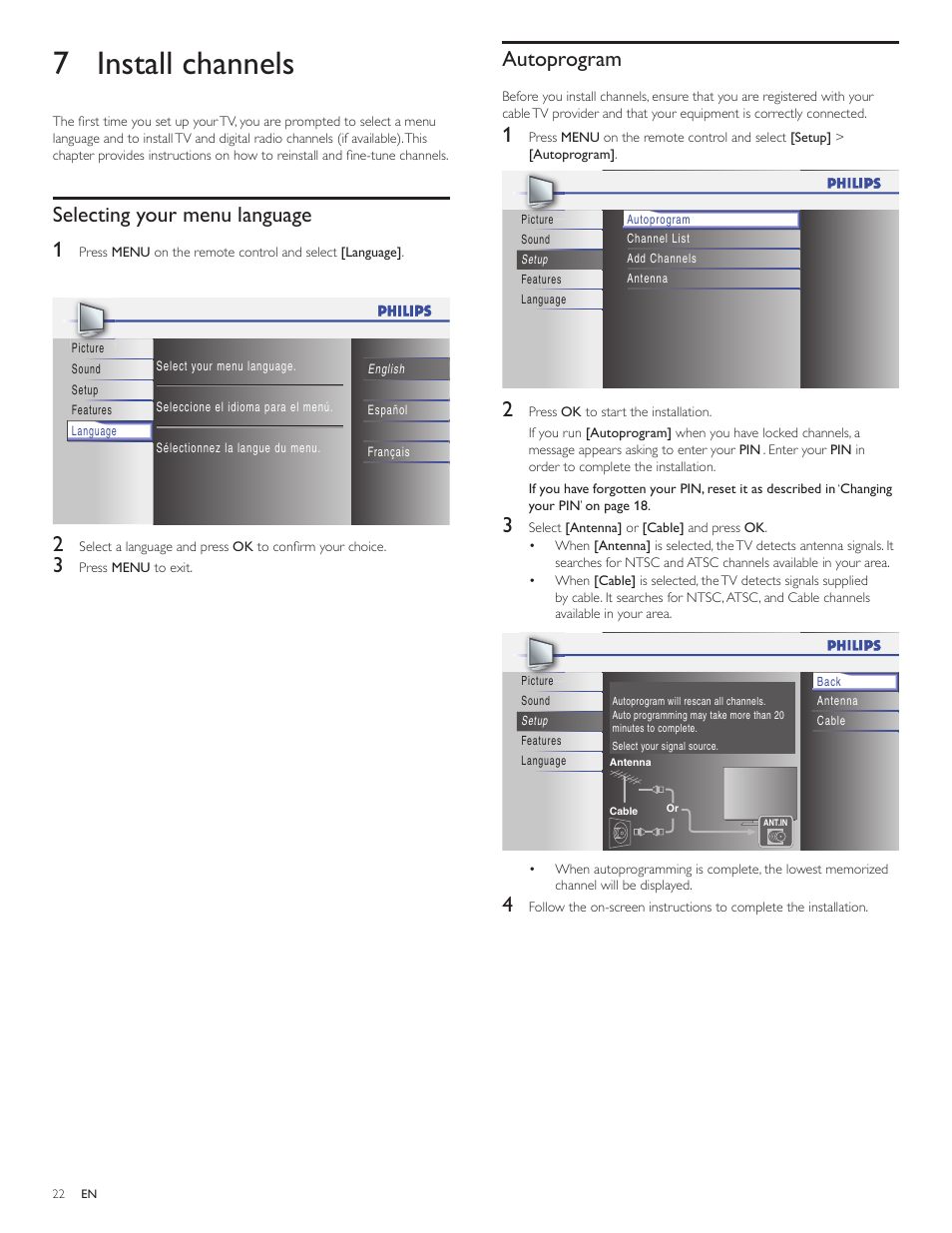7 install channels, Selecting your menu language, Autoprogram | Selecting your menu language 1 | Philips 22PFL3505D-F7 User Manual | Page 23 / 36