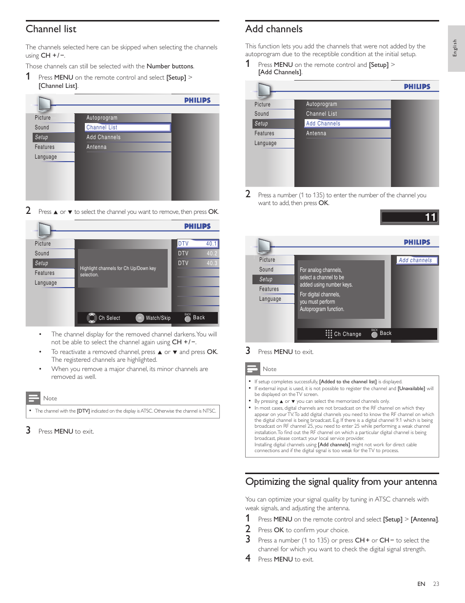 Channel list, Add channels, Optimizing the signal quality from your antenna | Philips 22PFL3505D-F7 User Manual | Page 24 / 36