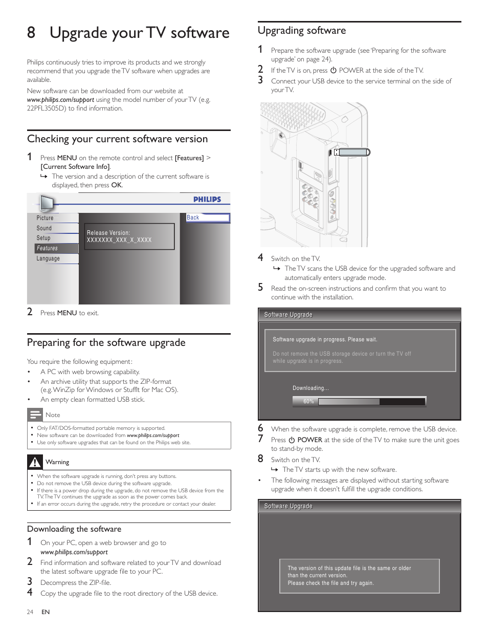 8 upgrade your tv software, Checking your current software version, Preparing for the software upgrade | Upgrading software, Upgrading software 1, Checking your current software version 1 | Philips 22PFL3505D-F7 User Manual | Page 25 / 36