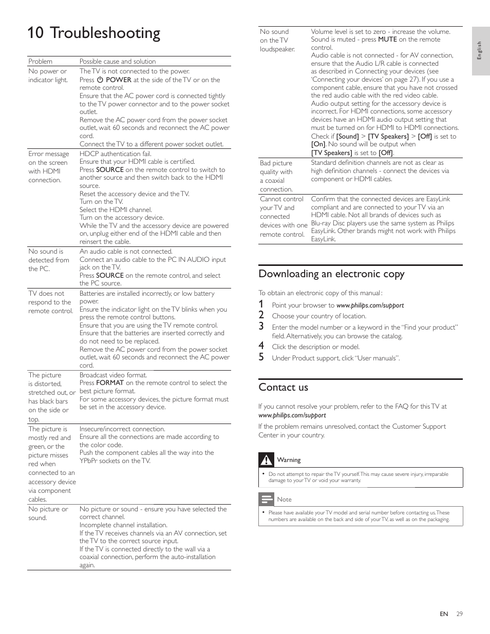 10 troubleshooting, Downloading an electronic copy, Contact us | Philips 22PFL3505D-F7 User Manual | Page 30 / 36