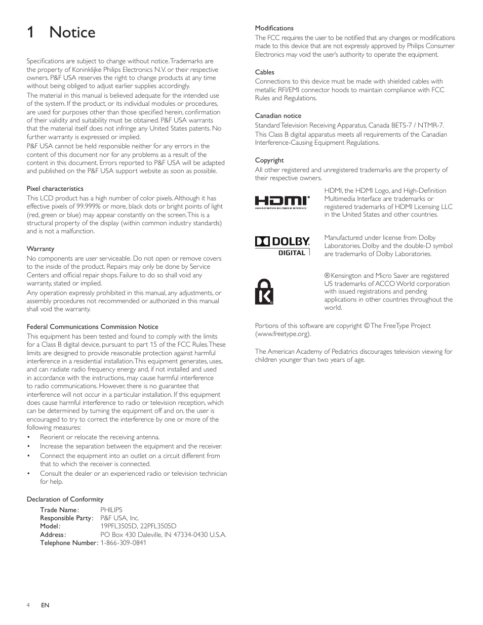 1 notice | Philips 22PFL3505D-F7 User Manual | Page 5 / 36