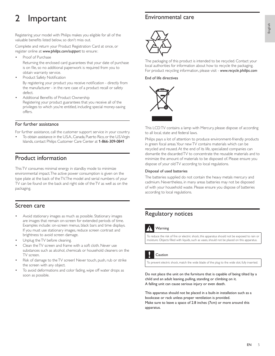 2 important, Product information, Screen care | Environmental care, Regulatory notices | Philips 22PFL3505D-F7 User Manual | Page 6 / 36