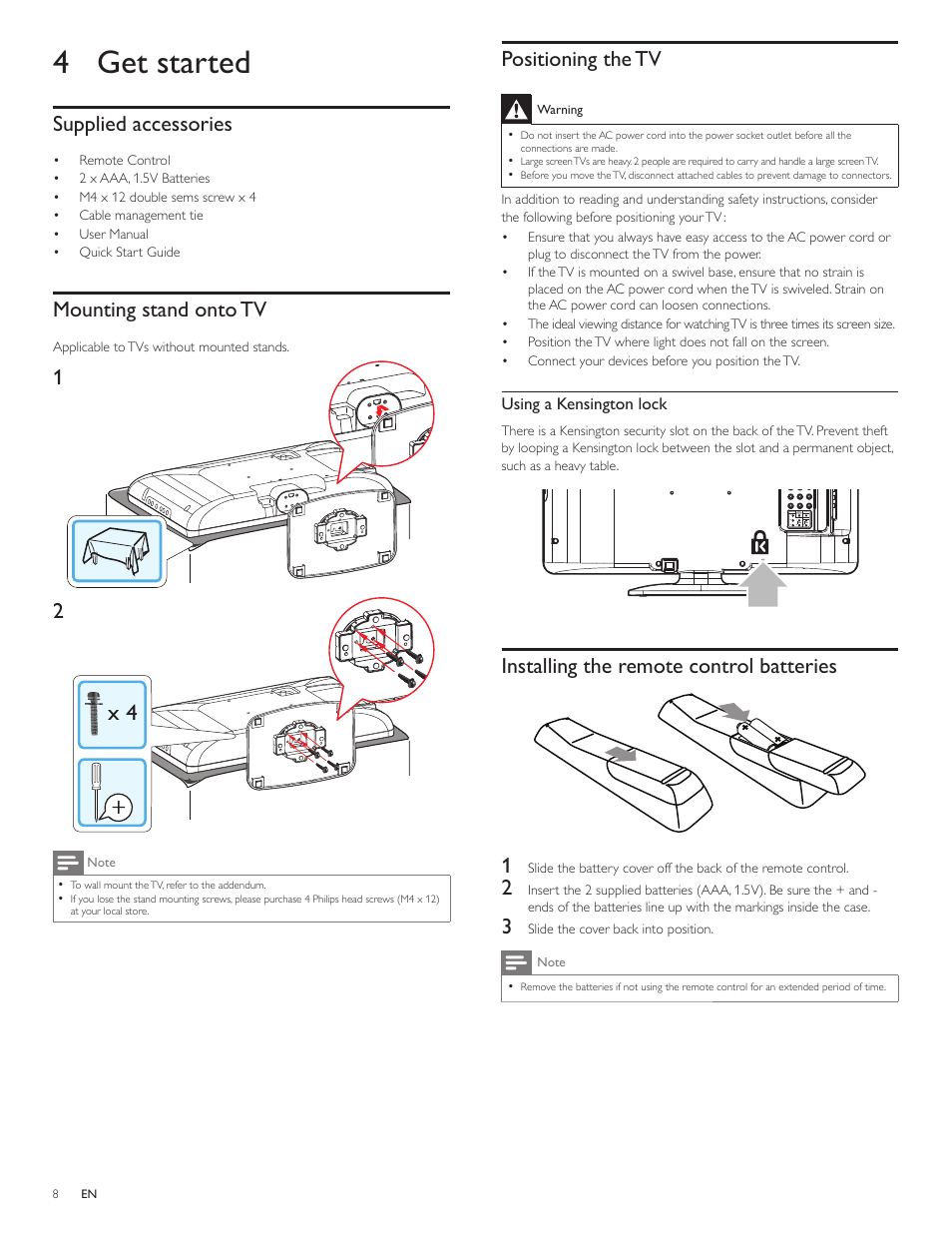 4 get started, Supplied accessories, Mounting stand onto tv | Positioning the tv, Installing the remote control batteries, Installing the remote control batteries 1 | Philips 22PFL3505D-F7 User Manual | Page 9 / 36