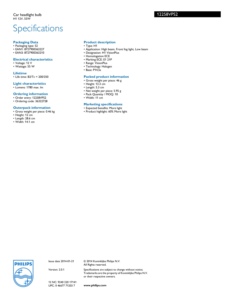 Specifications | Philips 12258VPS2 User Manual | Page 3 / 3