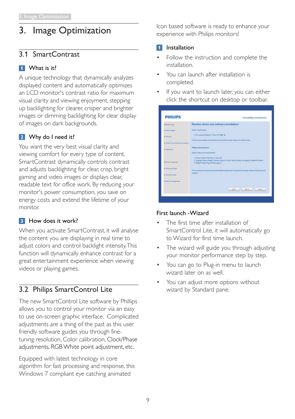 Image optimization, 1 smartcontrast, 2 philips smartcontrol lite | Philips 196V3LSB2-27 User Manual | Page 11 / 38