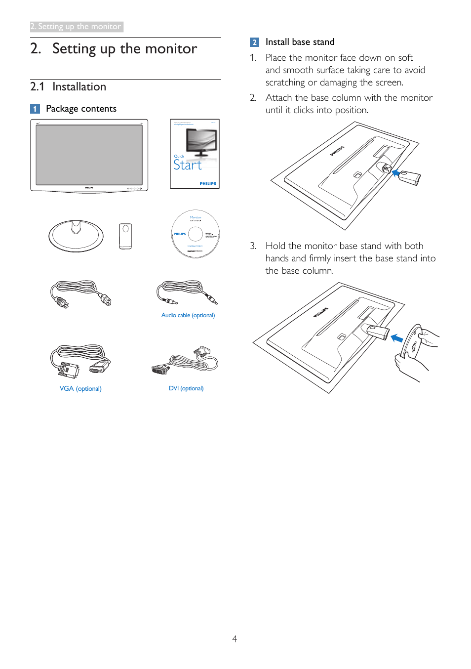 Setting up the monitor, Start, 1 installation | Philips 196V3LSB2-27 User Manual | Page 6 / 38