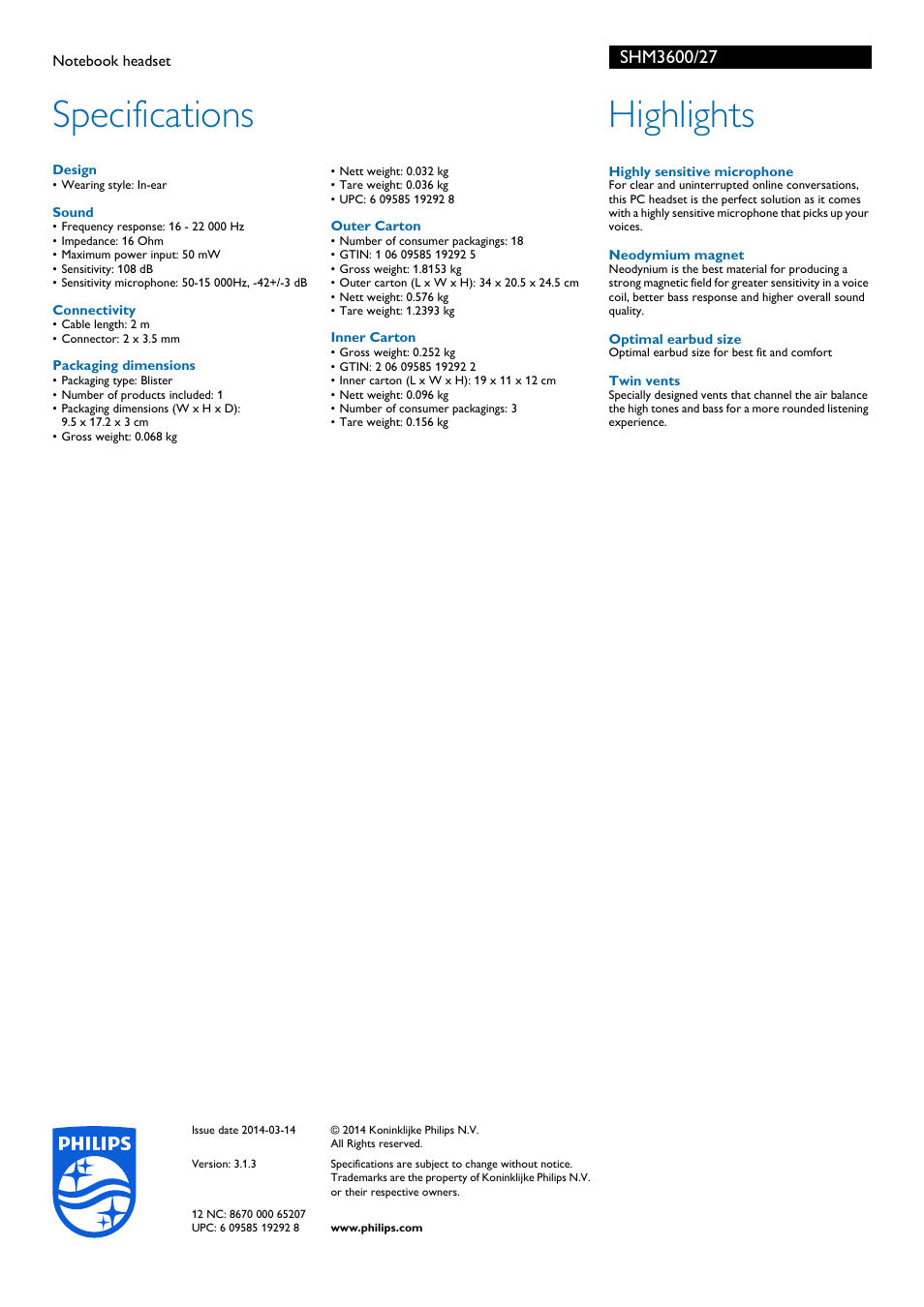 Specifications, Highlights | Philips SHM3600-27 User Manual | Page 2 / 2