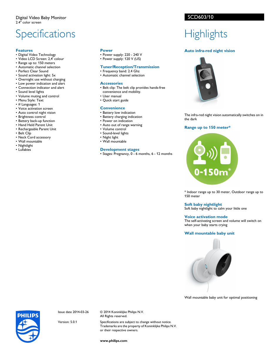 Specifications, Highlights | Philips AVENT Digital Video Baby Monitor SCD603-10 2.4" color screen User Manual | Page 2 / 2