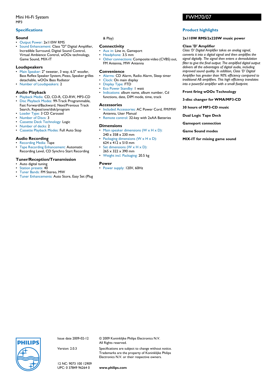 Fwm70/07 | Philips FWM70-07B User Manual | Page 2 / 2