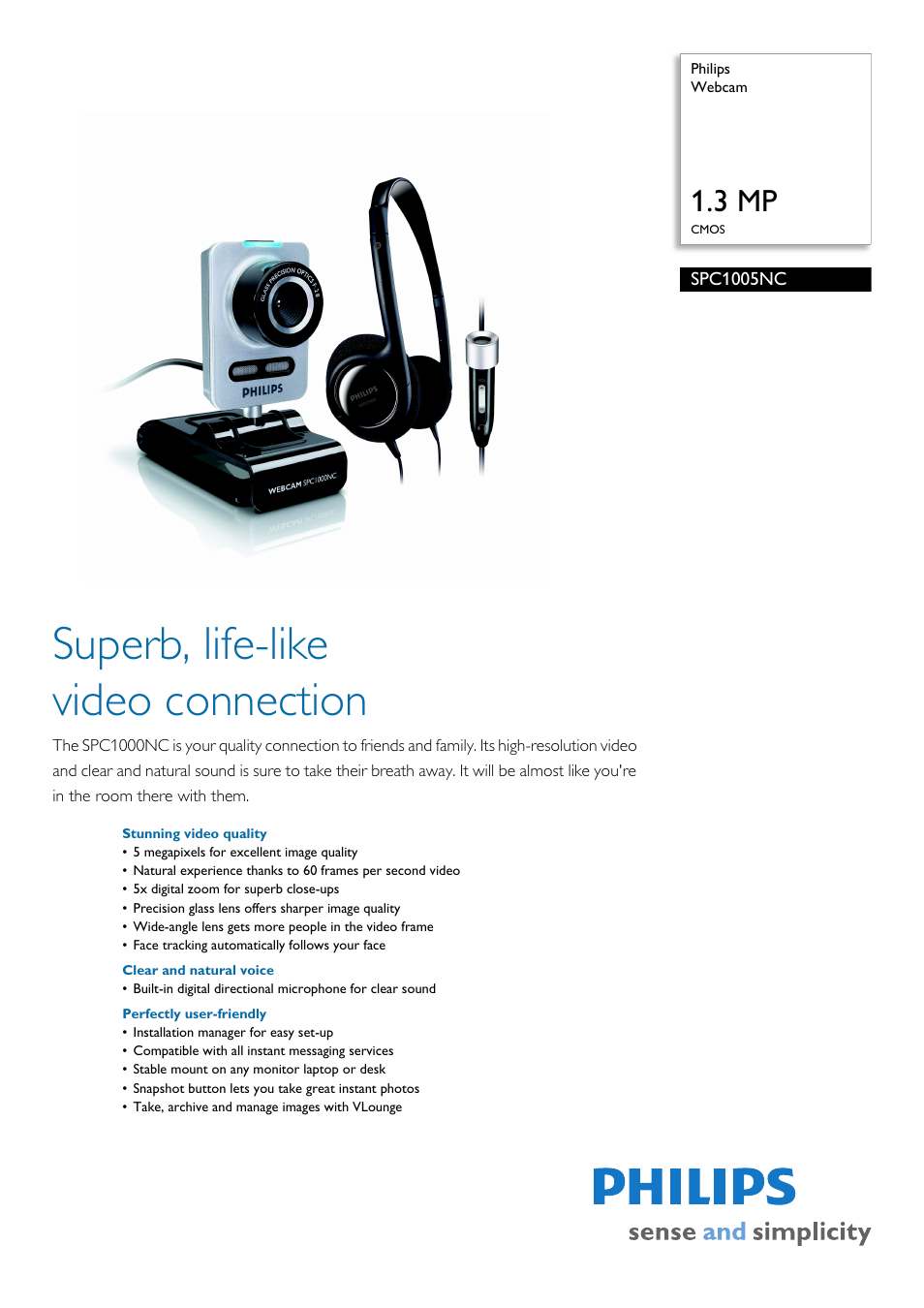 Philips Webcam SPC1005NC 1.3 MP CMOS User Manual | 2 pages