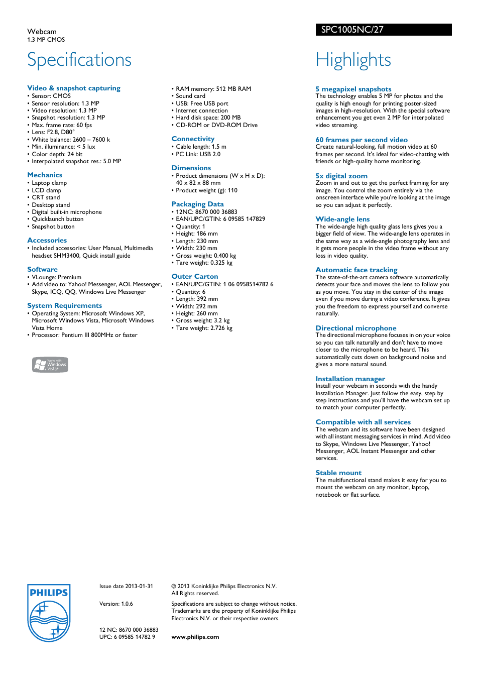 Specifications, Highlights | Philips Webcam SPC1005NC 1.3 MP CMOS User Manual | Page 2 / 2