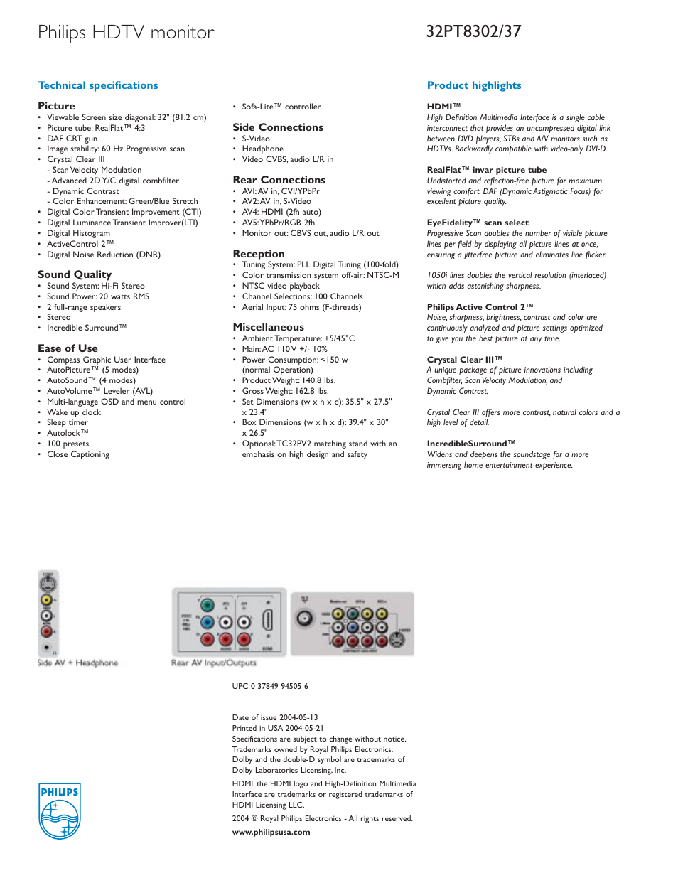 Philips hdtv monitor | Philips 32PT8302-37B User Manual | Page 2 / 2