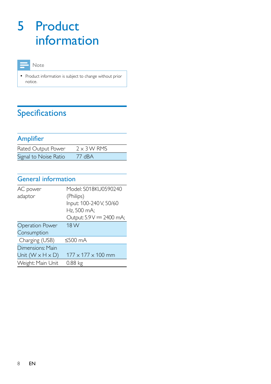 5 product information, Specifications, Amplifier | General information | Philips DS1155-37 User Manual | Page 10 / 14