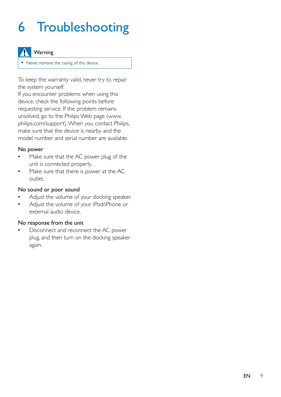 6 troubleshooting | Philips DS1155-37 User Manual | Page 11 / 14