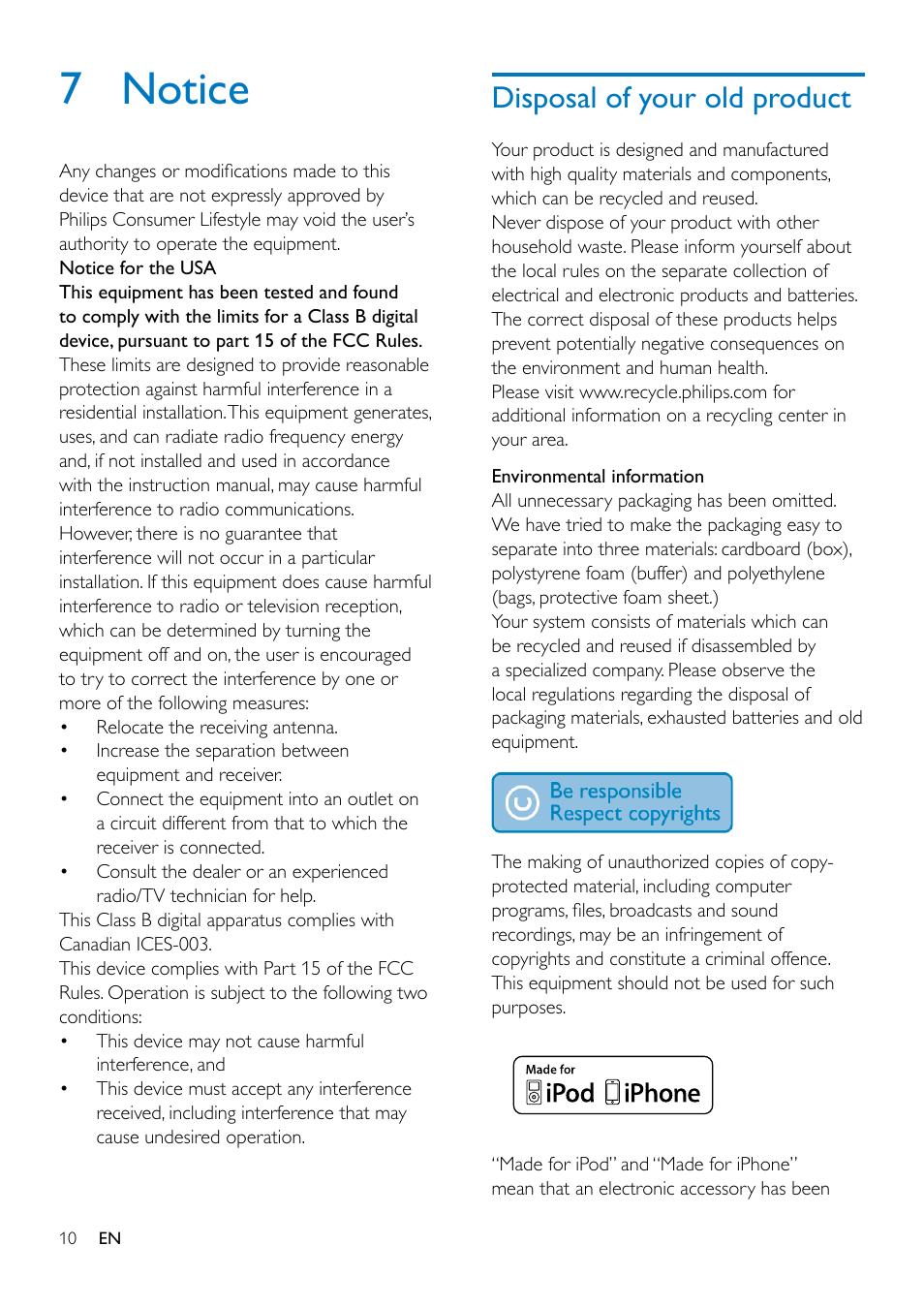 7 notice, Disposal of your old product | Philips DS1155-37 User Manual | Page 12 / 14