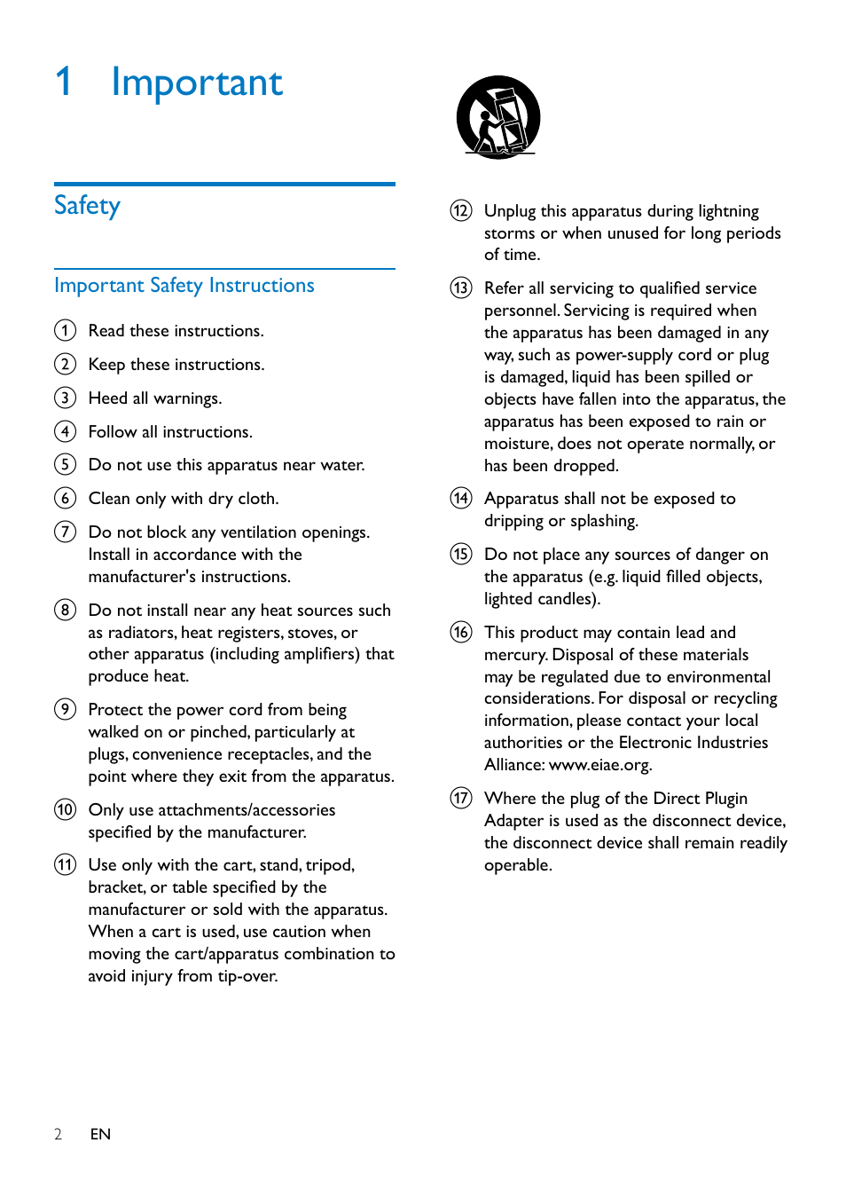 1 important, Safety, Important safety instructions | Safety 2 | Philips DS1155-37 User Manual | Page 4 / 14