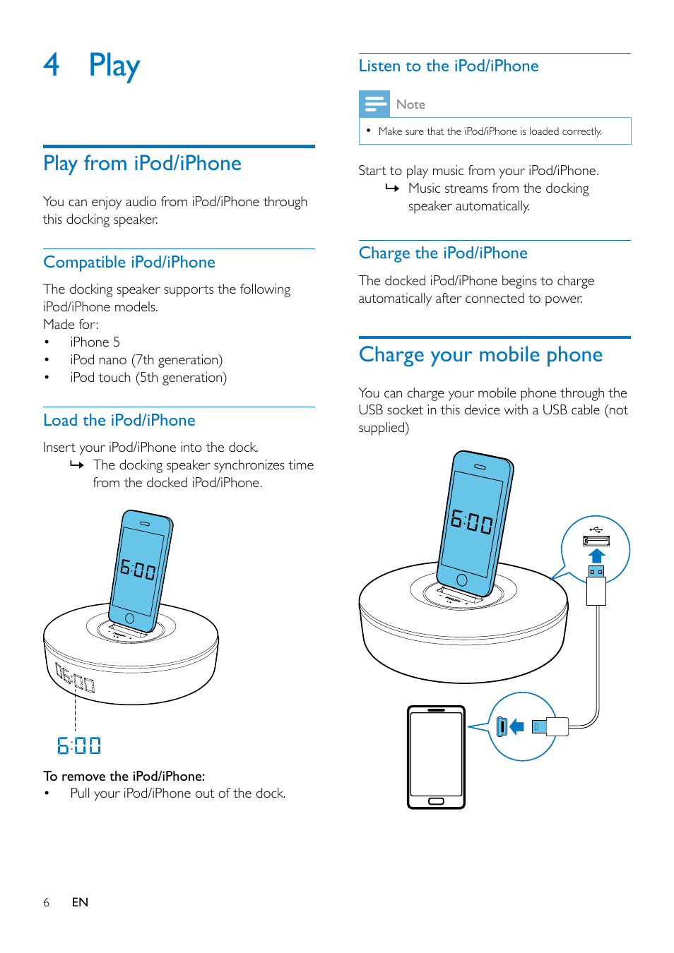 4 play, Play from ipod/iphone, Compatible ipod/iphone | Load the ipod/iphone, Listen to the ipod/iphone, Charge the ipod/iphone, Charge your mobile phone | Philips DS1155-37 User Manual | Page 8 / 14