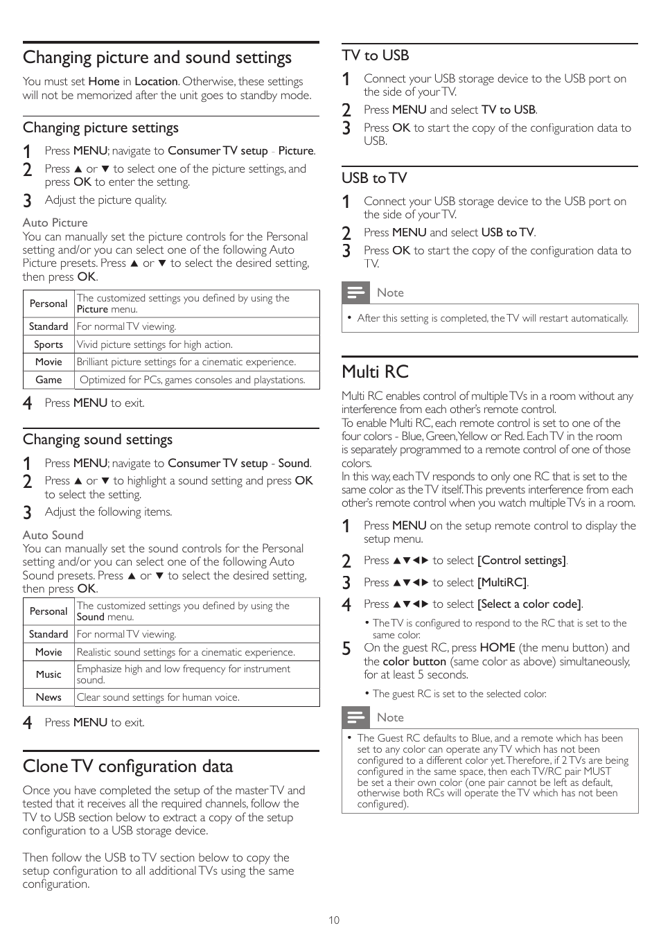 Changing picture and sound settings, Clone tv confi guration data, Multi rc | Philips 32HFL4663S-F7 User Manual | Page 10 / 12