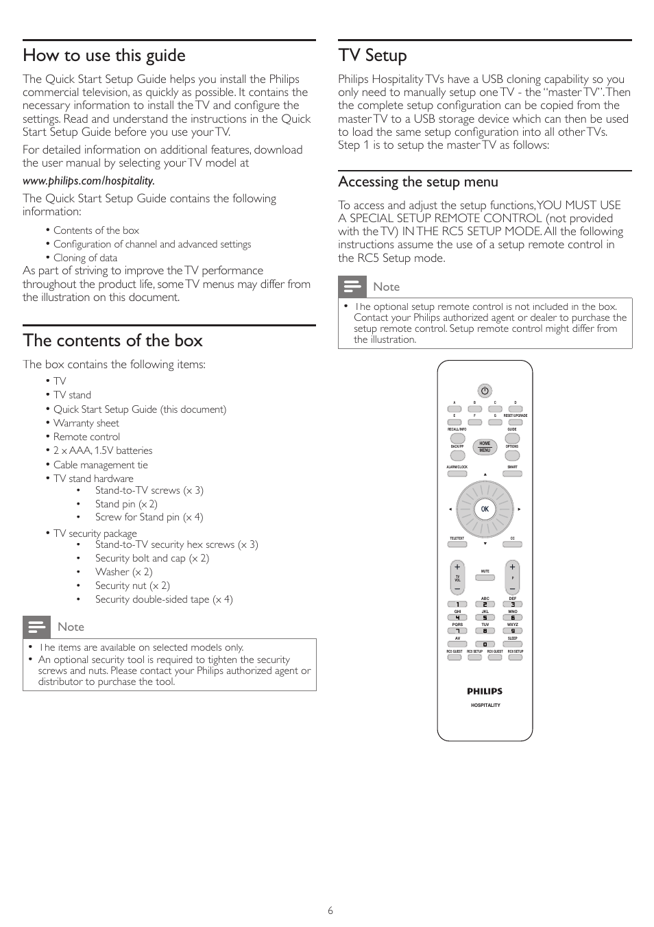 How to use this guide, The contents of the box, Tv setup | Accessing the setup menu, The box contains the following items | Philips 32HFL4663S-F7 User Manual | Page 6 / 12