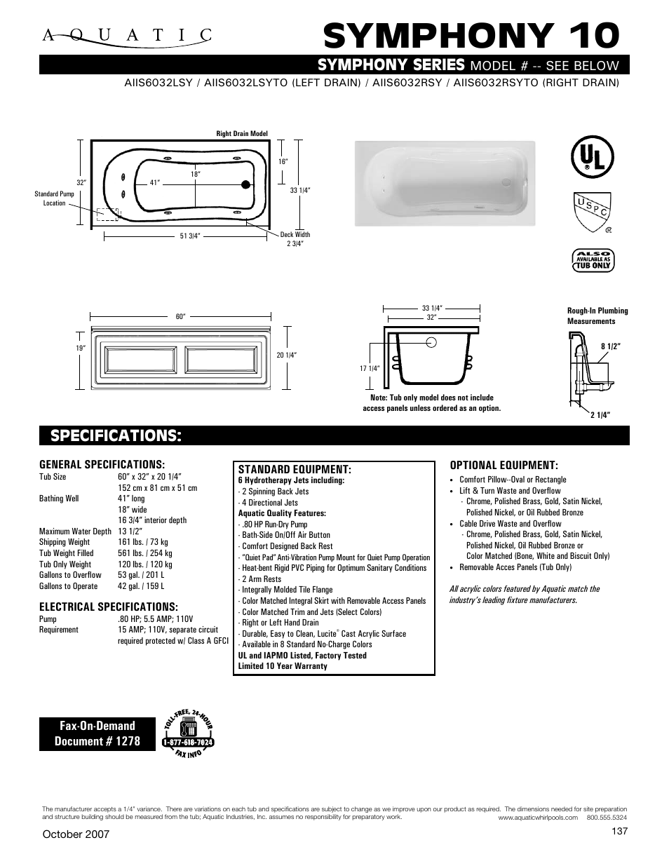 Aquatic SYMPHONY 10 None User Manual | 1 page