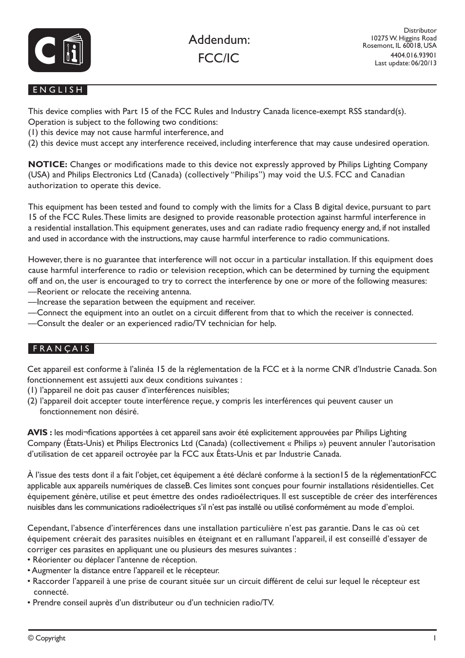 Addendum: fcc/ic | Philips 717042848 User Manual | Page 7 / 8