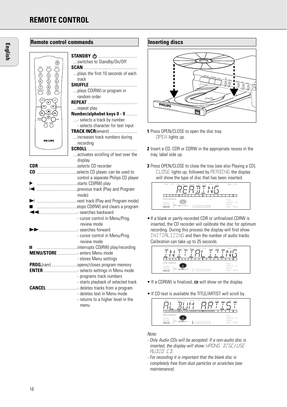 Remote control, English, Inserting discs remote control commands | Philips CDR770BK User Manual | Page 10 / 24