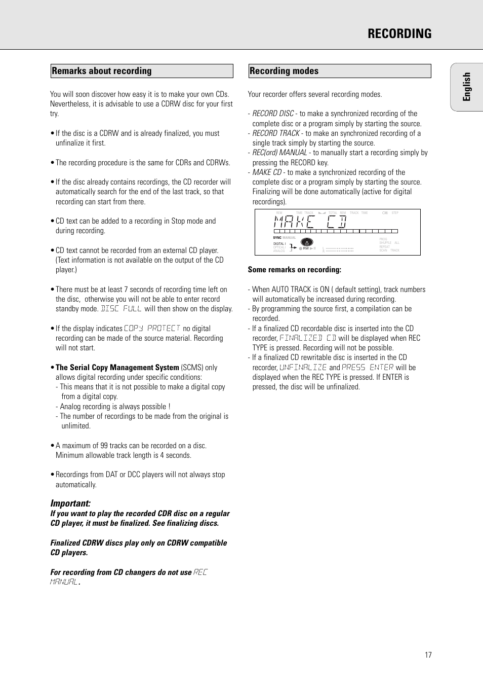 Recording, English, Important | Recording modes remarks about recording | Philips CDR770BK User Manual | Page 11 / 24