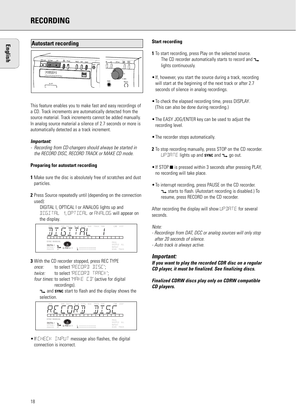 Recording, English, Important | Autostart recording | Philips CDR770BK User Manual | Page 12 / 24