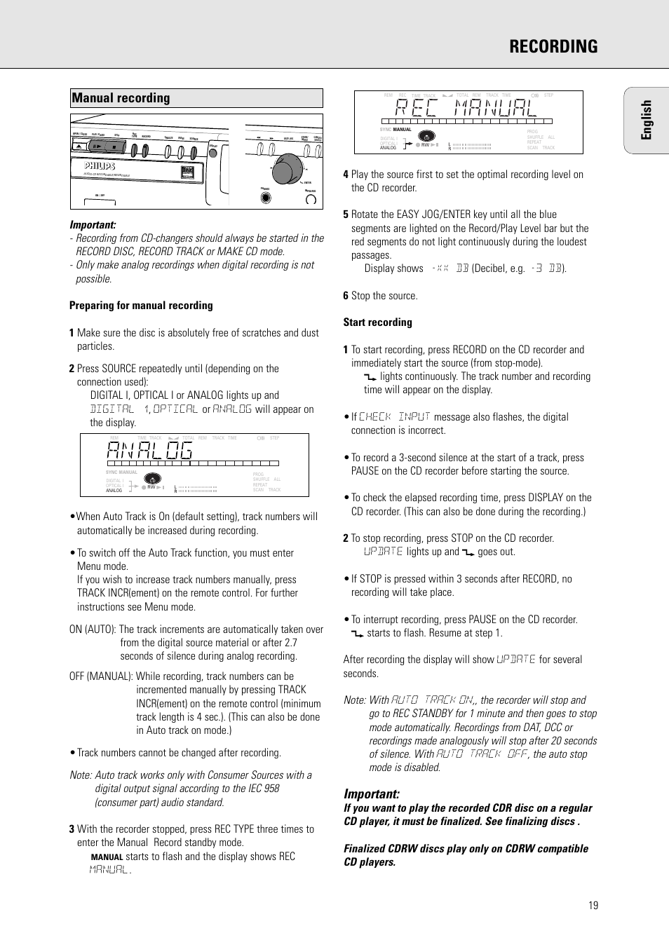 Recording, English, Important | Manual recording | Philips CDR770BK User Manual | Page 13 / 24