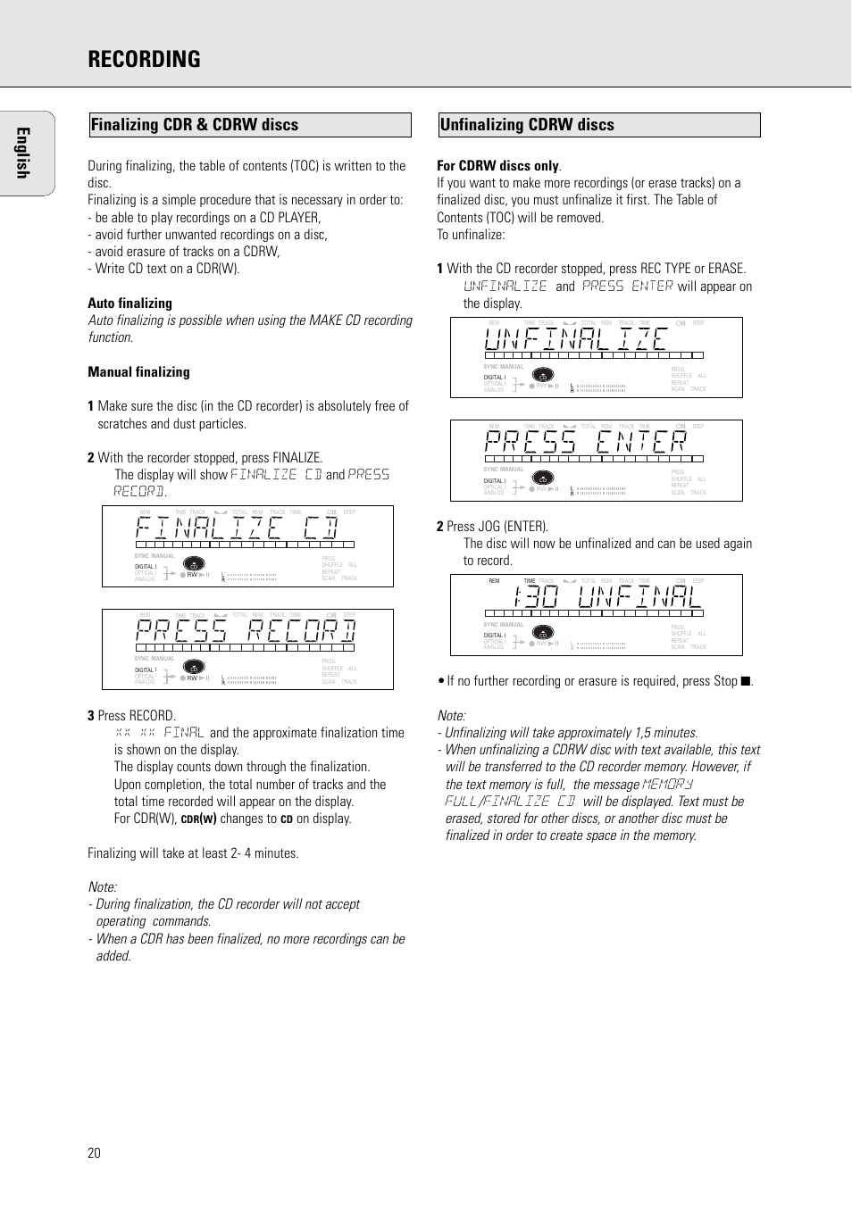 Recording, English, Unfinalizing cdrw discs | Finalizing cdr & cdrw discs, Changes to | Philips CDR770BK User Manual | Page 14 / 24