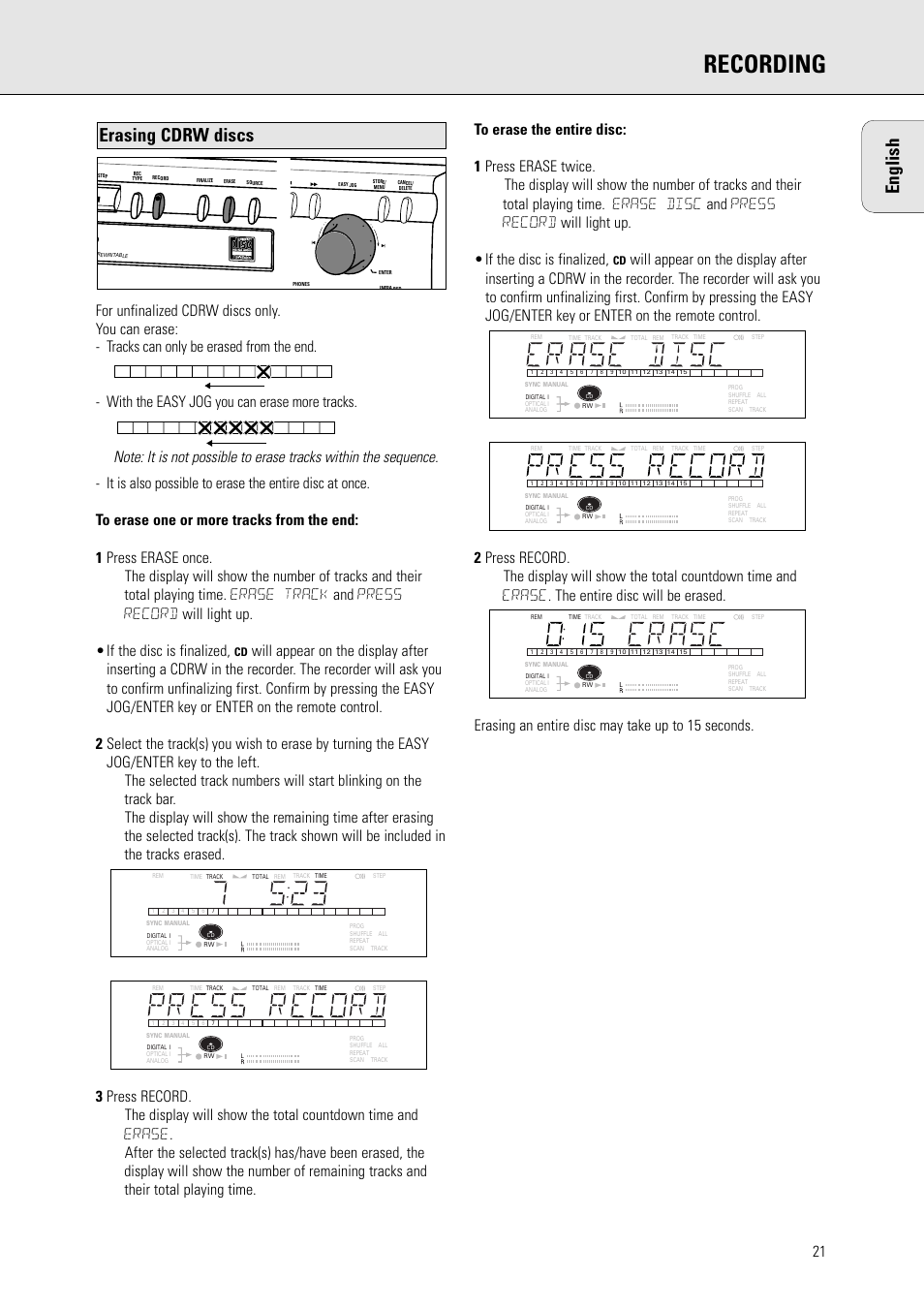 Recording, English, Erasing cdrw discs | Philips CDR770BK User Manual | Page 15 / 24