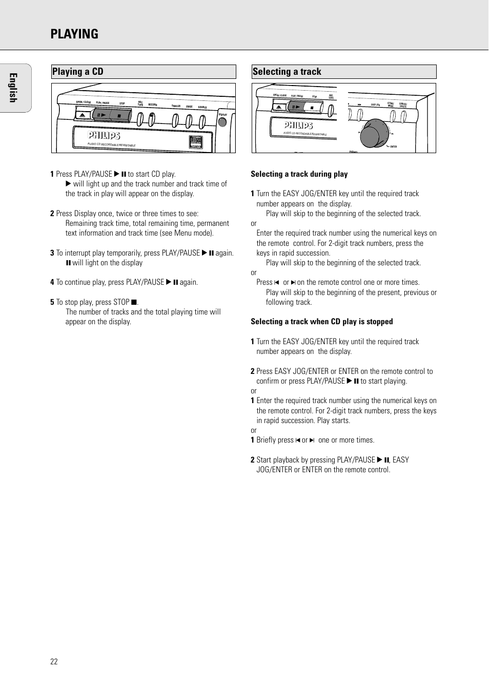 Playing, English, Selecting a track | Playing a cd | Philips CDR770BK User Manual | Page 16 / 24